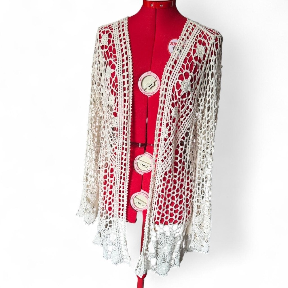 Rebellion Cream Crochet Cardigan Floral Lace Boho Open Front Top Large